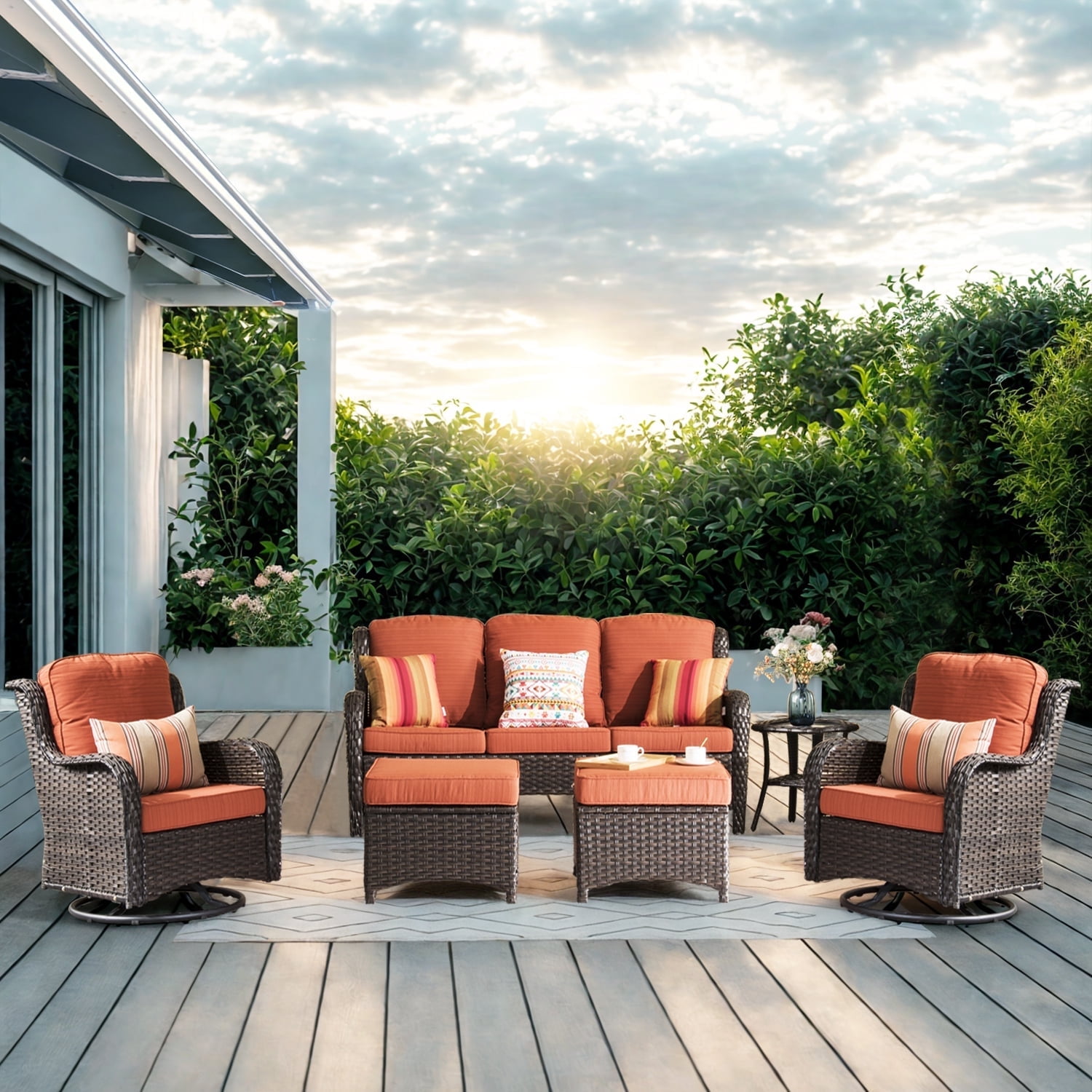 Ovios 6 Piece All Weather Patio Set with PE Rattan Wicker High Back Couch 360 Swivel Chairs Ottoman Walmart