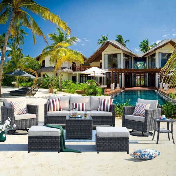 Ovios Outdoor Patio Furniture with 360 Degree Swivel Rocking Chairs 7 Pieces All Weather Wicker Patio Sectional Sofa with Coffee Table