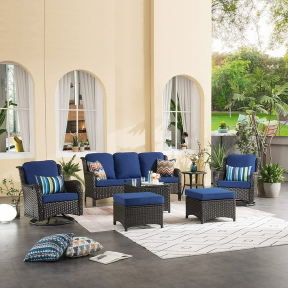 Ovios Outdoor Patio Furniture with 360° Swivel Rocking Chairs 7 Pieces All Weather Steel Frame Wicker Sectional Sofa for Backyard Party