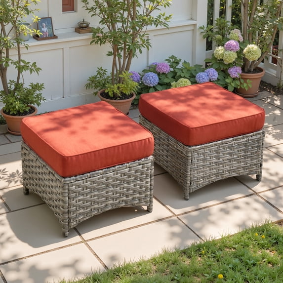 Ovios Outdoor Patio Ottoman with Cushion Wicker Coffee Table Extra Seat for Garden, Backyard, Porch, or Balcony