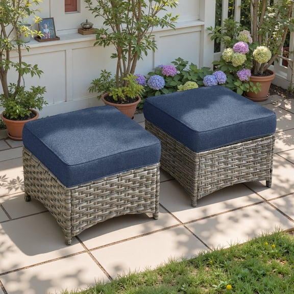 Ovios Outdoor Patio Ottoman with Cushion Wicker Coffee Table Extra Seat for Garden, Backyard, Porch, or Balcony