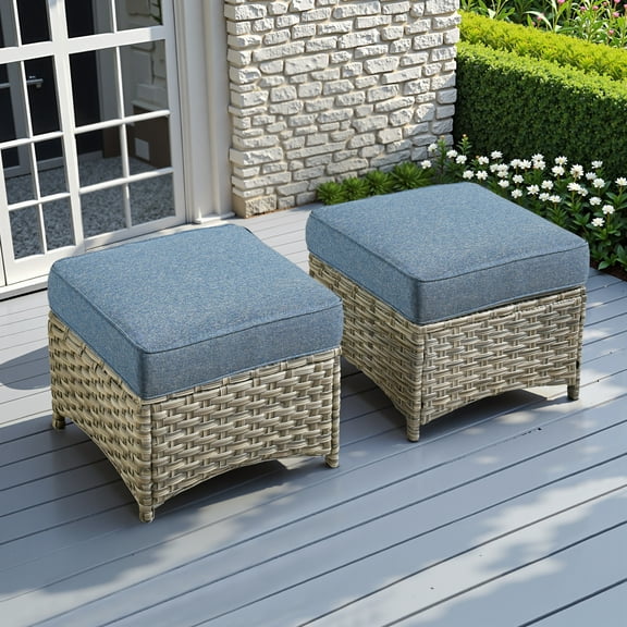 Ovios Outdoor Patio Ottoman with Cushion Wicker Coffee Table Extra Seat for Garden, Backyard, Porch, or Balcony