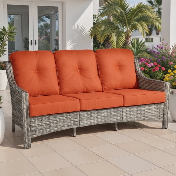 Ovios Outdoor Patio Sofa 3-Seater with Cushions All-Weather Wicker Rattan Couch for Garden, Porch, or Backyard