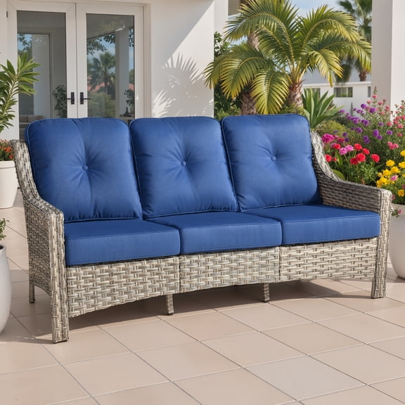 Ovios Outdoor Patio Sofa 3-Seater with Cushions All-Weather Wicker Rattan Couch for Garden, Porch, or Backyard