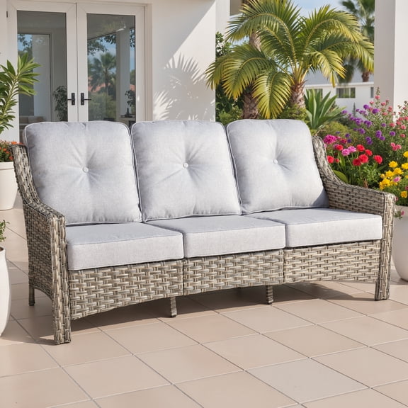 Ovios Outdoor Patio Sofa 3-Seater with Cushions All-Weather Wicker Rattan Couch for Garden, Porch, or Backyard