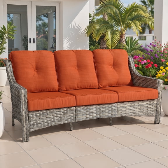 Ovios Outdoor Patio Sofa 3-Seater with Cushions All-Weather Wicker Rattan Couch for Garden, Porch, or Backyard