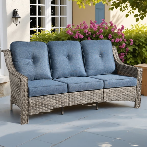 Ovios Outdoor Patio Sofa 3-Seater with Cushions All-Weather Wicker Rattan Couch for Garden, Porch, or Backyard