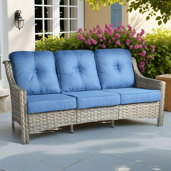 Ovios Outdoor Patio Sofa 3-Seater with Cushions All-Weather Wicker Rattan Couch for Garden, Porch, or Backyard