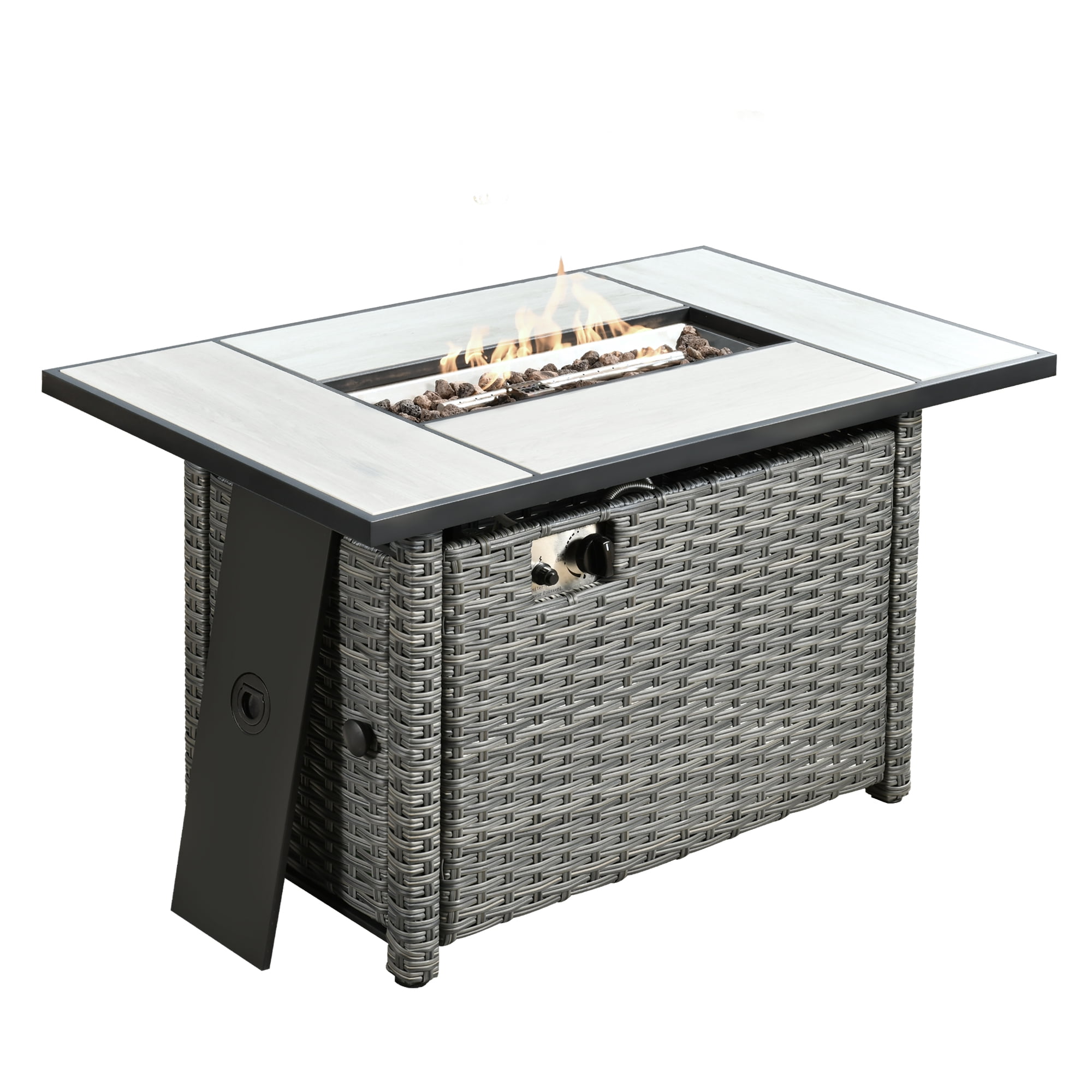 Ovios Outdoor Rectangular Fire Pit Table Wicker Patio Dinning Table