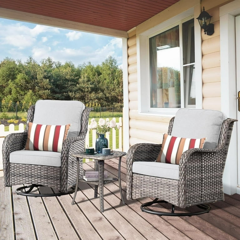 Ovios Swivel Glider Rocker Bistro Set 3 Pieces Rattan Wicker Outdoor Patio Furniture with 2 Rocking Chair 2 Tier Side Table High Back Conversation