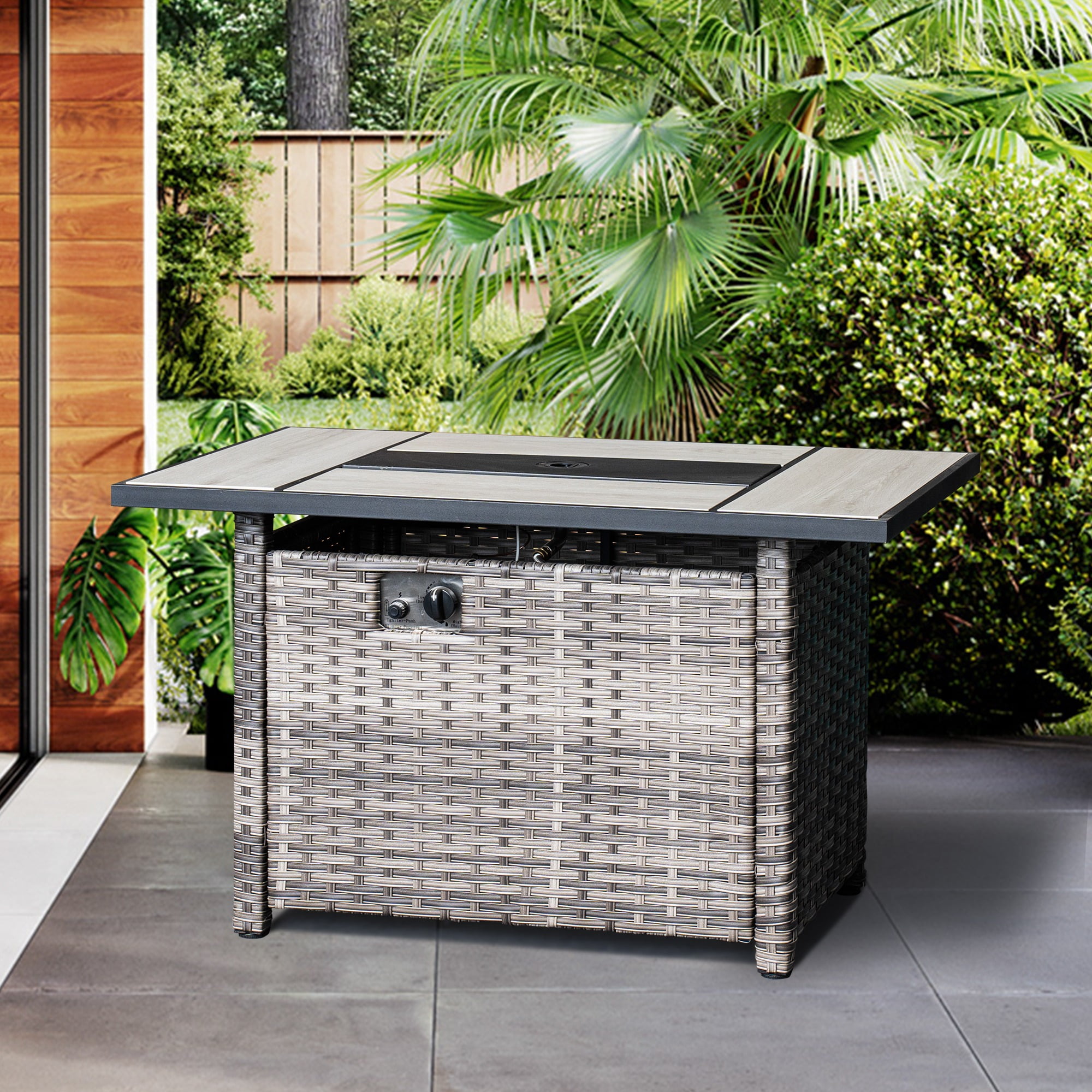 Ovios Outdoor Wicker Propane Fire Pit Table 42-Inch 50,000 BTU Flame Gas Fire Pits for Patio with Waterproof Cover & Lid Rectangle