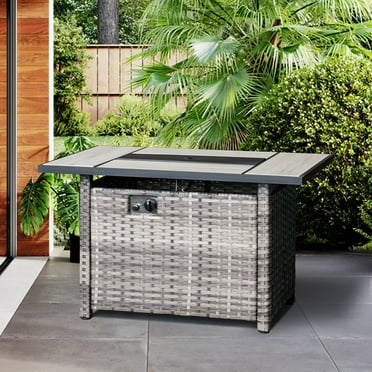 Ovios Outdoor Wicker Propane Fire Pit Table 42-Inch 50,000 BTU Flame Gas Fire Pits for Patio with Waterproof Cover & Lid Rectangle