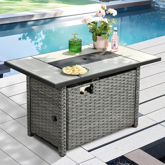 Ovios Outdoor Wicker Propane Fire Pit Table 42-Inch 50,000 BTU Flame Gas Fire Pits for Patio with Waterproof Cover & Lid Rectangle