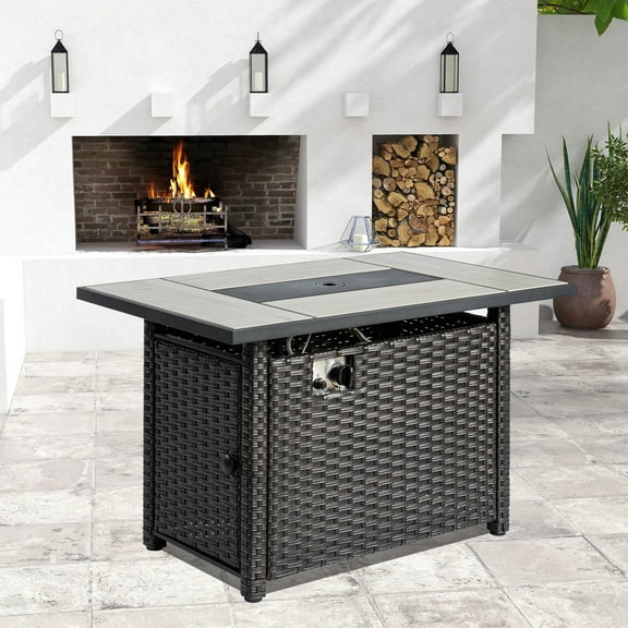 Ovios Outdoor Wicker Propane Fire Pit Table 42-Inch 50,000 BTU Flame Gas Fire Pits for Patio with Waterproof Cover & Lid Rectangle