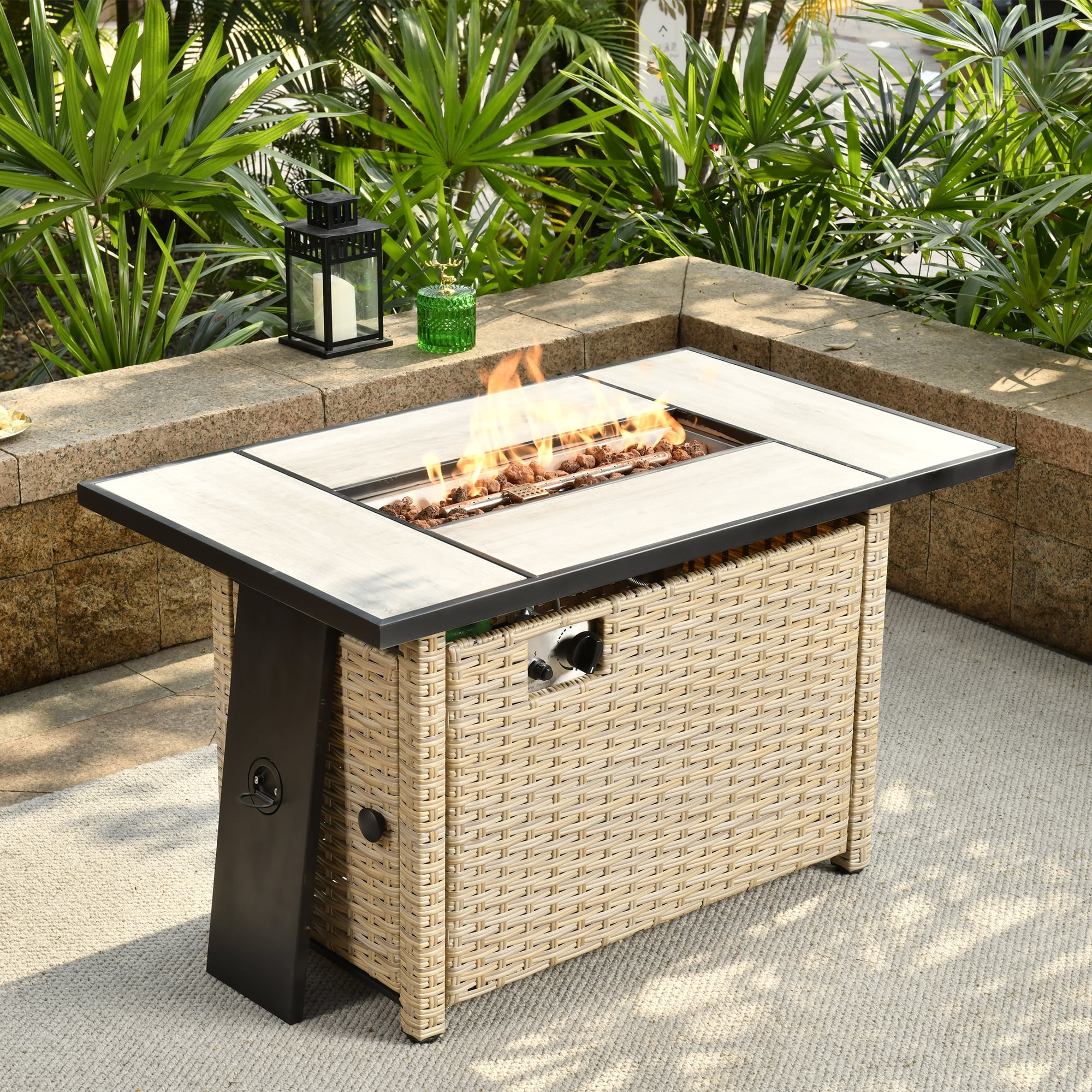 Ovios Outdoor Wicker Propane Fire Pit Table 42-Inch 50,000 BTU Flame Gas Fire Pits for Patio with Waterproof Cover & Lid Rectangle