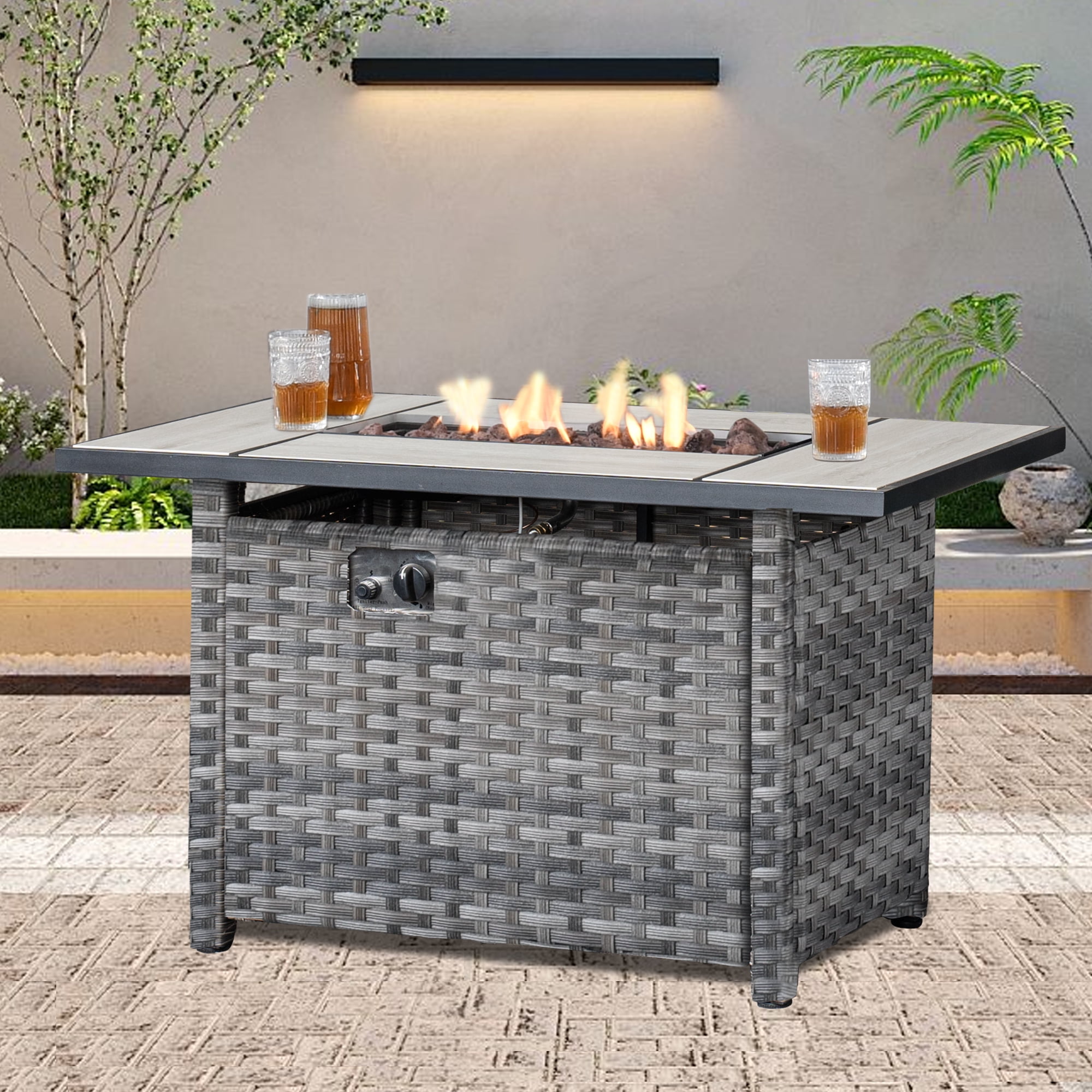 Ovios Outdoor Wicker Propane Fire Pit Table 42-Inch 50,000 BTU Flame Gas Fire Pits for Patio with Waterproof Cover & Lid Rectangle