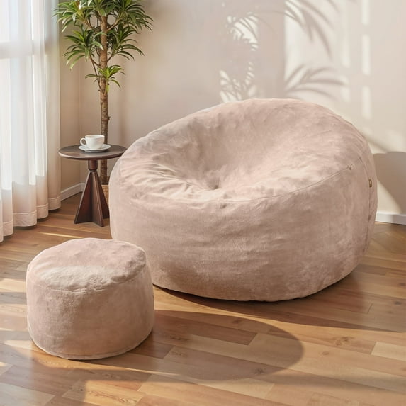 Ovios Oversized 5FT Bean Bag Chair with Ottoman, Memory Foam Filled Lounge Floor Chair for Adults, Comfy Bean Bag Sofa for Living Room, Bedroom, Dorm, Beige