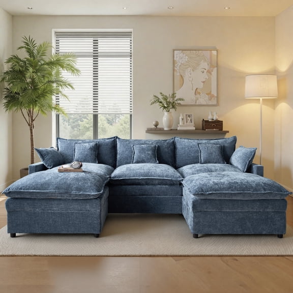 Ovios 108" Modular Sectional Sofa U-Shaped Cloud Couch with 2 Ottomans, Comfy Living Room Furniture, Chenille, Blue