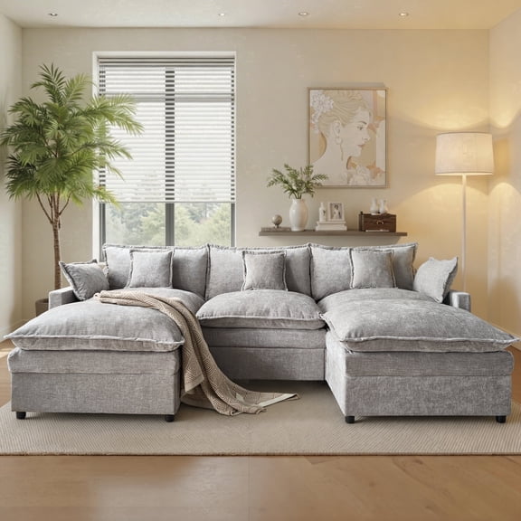 Ovios 108" Modular Sofa U-Shaped Cloud Sectional Couch with 2 Ottomans, Comfy Deep Seat Chenille Sofa for Living Room, Apartment, Gray