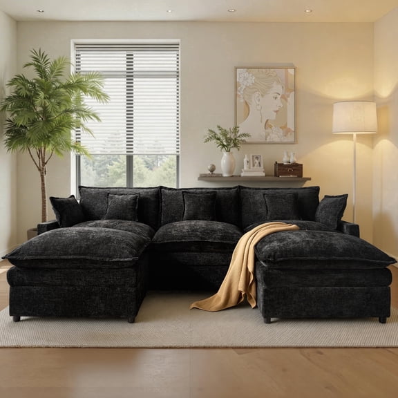Ovios 108" Modular  Sofa U-Shaped Cloud Sectional Couch with 2 Ottomans, Comfy Deep Seat Chenille Sofa for Living Room, Apartment, Black