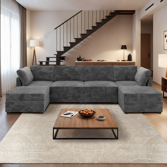 Ovios Oversized Modular Sectional Sofa Couch 130.7 Inch 6 Seater U Shaped Sofa with Ottoman Modern Deep Seat Cloud Corduroy Couches for Living Room,Office, Grey