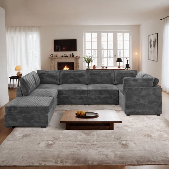 Ovios Oversized Modular Sectional Sofa Couch 130.7 Inch 7 Seater U Shaped Sofa with Ottoman Modern Deep Seat Cloud Corduroy Couches for Living Room,Office, Grey