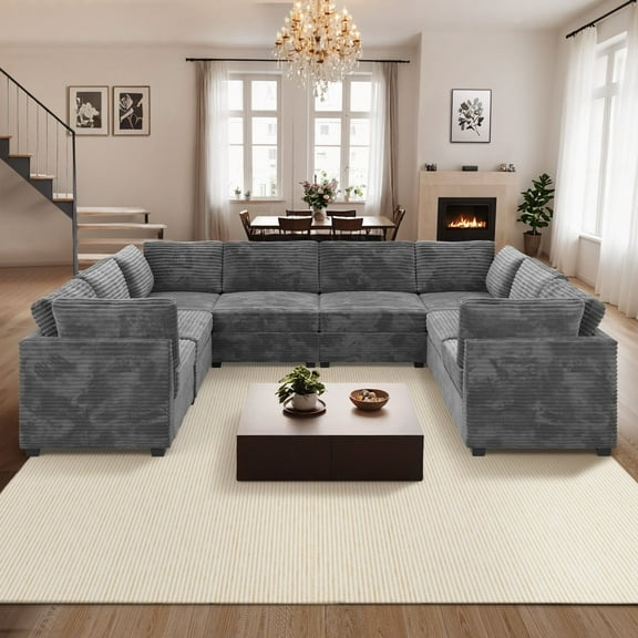 Ovios Oversized Modular Sectional Sofa Couch 130.7 Inch 8 Seater U Shaped Sofa Modern Deep Seat Cloud Corduroy Couches for Living Room,Office, Grey