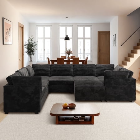 Ovios Oversized Modular Sectional Sofa Couch 130.7 Inch 8 Seater U Shaped Sofa with Ottoman Modern Deep Seat Cloud Corduroy Couches for Living Room,Office, Black