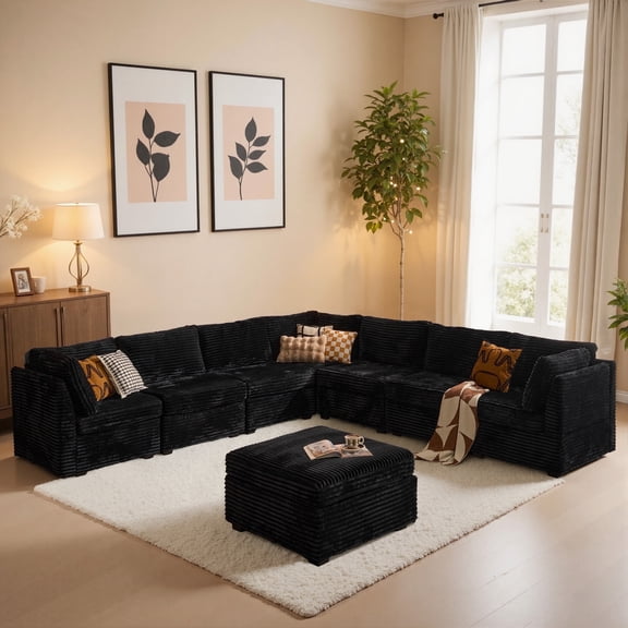 Ovios 127” Modular Sectional Sofa, 8-Seat Oversized Corduroy Cloud Couch with Ottoman, L-Shaped / U-Shaped, Black