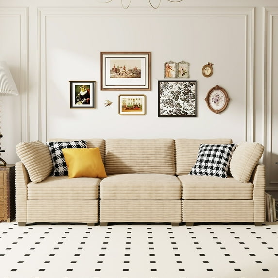 Ovios Oversized Modular Sectional Sofa Couch 98 Inch 3 Seater Sofa Modern Deep Seat Cloud Corduroy Couches for Living Room,Office, Beige