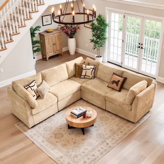 Ovios 95" Modular Sectional Sofa Deep Seat L-Shaped Cloud Corduroy Couch for Living Room, 5 Seat, Beige