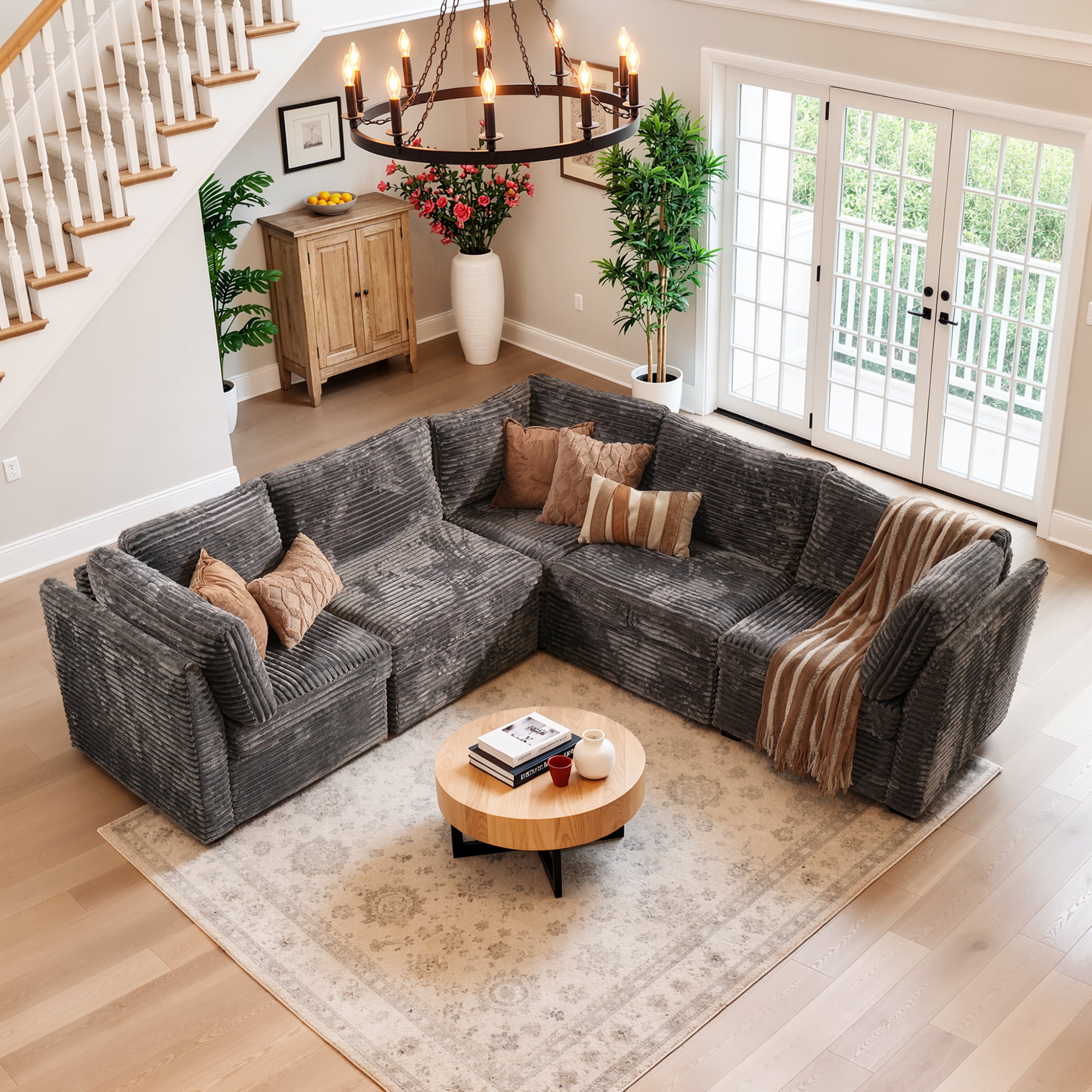 Ovios 95" Modular Sectional Sofa Deep Seat Cloud Couch with Chaise L-Shaped Corduroy Couch for Living Room, 5 Seat, Gray