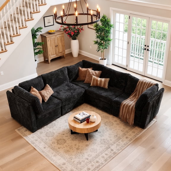 Ovios 95" Modular Sectional Sofa Deep Seat L-Shaped Cloud Corduroy Couch for Living Room, 5 Seat, Black