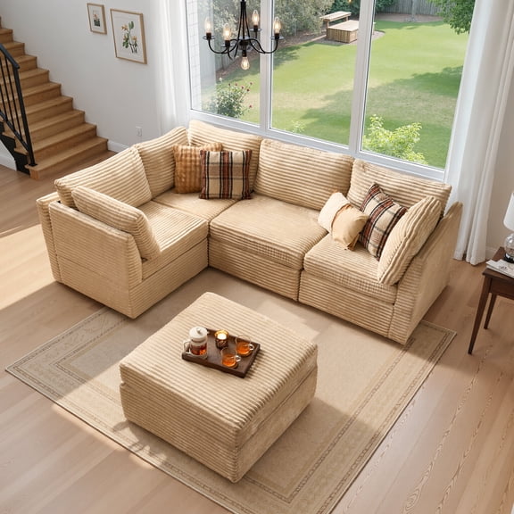 Ovios 95" Modular Couch with Ottoman, Modern Plush Corduroy Cloud Sectional Sofa, Beige