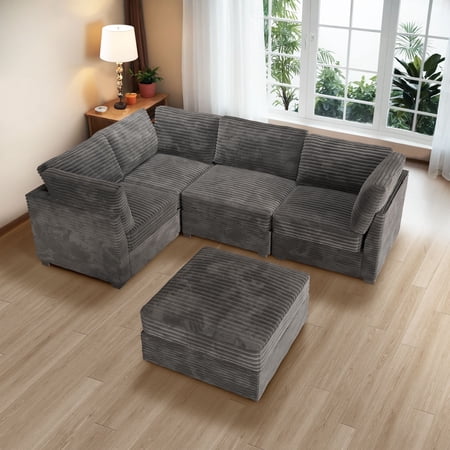 Ovios Oversized Modular Sectional Sofa Couch 98 Inch 5 Seater L Shaped Sofa with Ottoman Modern Deep Seat Cloud Corduroy Couches for Living Room,Office, Grey