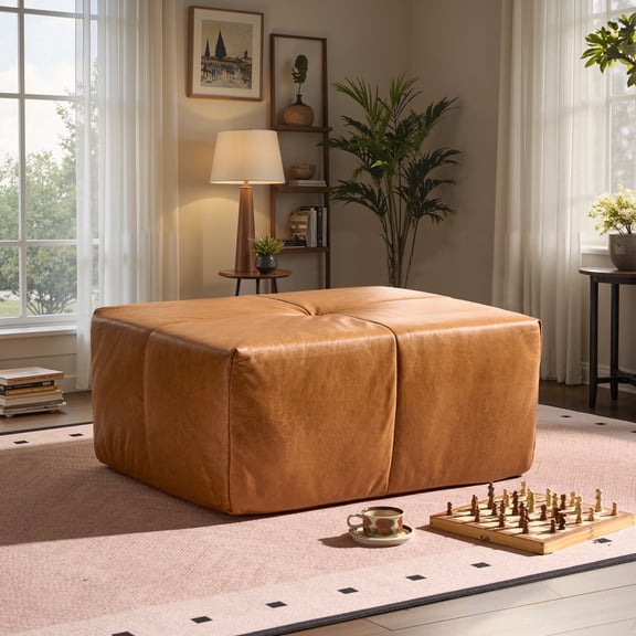 Ovios Oversized Ottoman Footrest for Sofa Large Faux Leather Pouf Ottoman Coffee Table Rectangle Floor Bench Extra Seating for Living Room, No Assembly, Brown