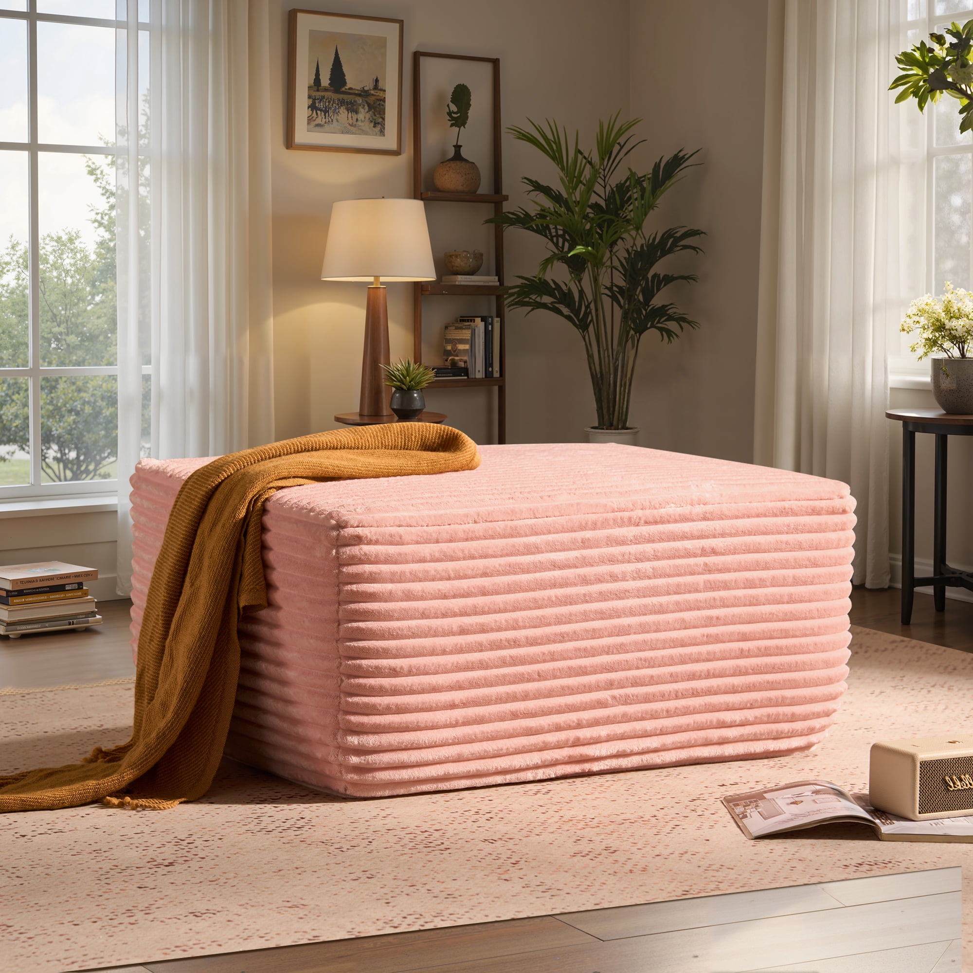 25-Inch Rectangular Ottoman Bench - Loop Yarn Fabric, Rubber Wood Frame, Beige Footstool For Living Room