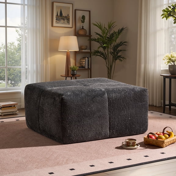 Ovios Oversized Ottoman Footrest for Sofa Large Silver Wire Pouf Ottoman Coffee Table Rectangle Floor Bench Extra Seating for Living Room, No Assembly, Gray