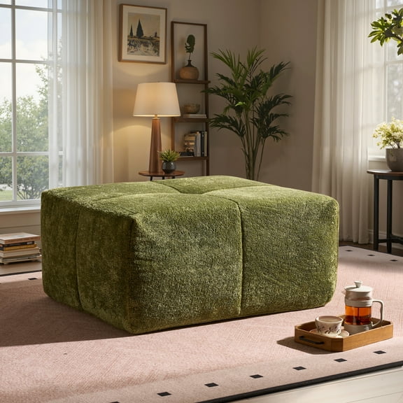 Ovios Oversized Ottoman Footrest for Sofa Large Silver Wire Pouf Ottoman Coffee Table Rectangle Floor Bench Extra Seating for Living Room, No Assembly, Green