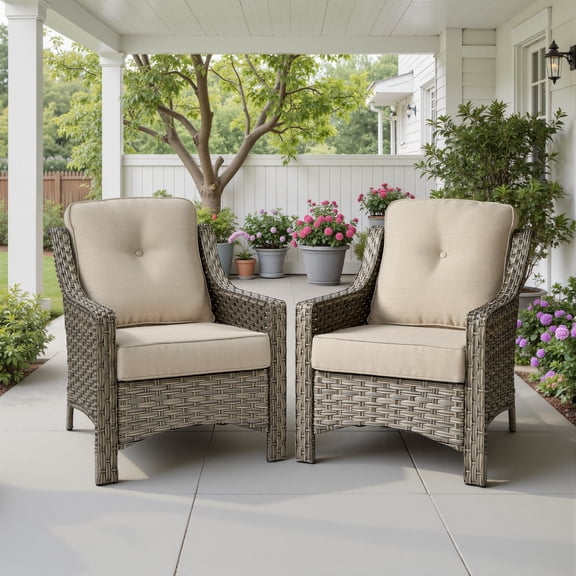 Ovios Patio Chairs Set of 2, Outdoor Rattan Wicker Armchairs with Cushions, All-Weather Chairs for Garden or Porch