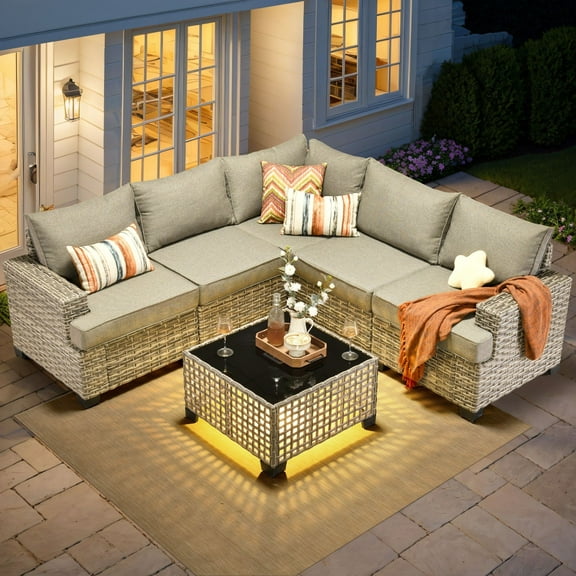 Ovios Patio Furniture Set 6 Pieces All-Weather Rattan Wicker Outdoor Sectional Conversation Set with Solar-Powered Glowing Coffee Table for Backyard Garden