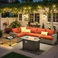 thumbnail image 1 of Ovios 7 Pieces Patio Furniture Conversation Set, Wicker Rattan Outdoor Sectional Sofa with Fire Pit Table and Smart Lighted Table, Orange Red, 1 of 9