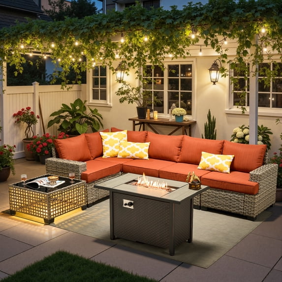 Ovios 7 Pieces Patio Furniture Conversation Set, Wicker Rattan Outdoor Sectional Sofa with Fire Pit Table and Smart Lighted Table, Orange Red