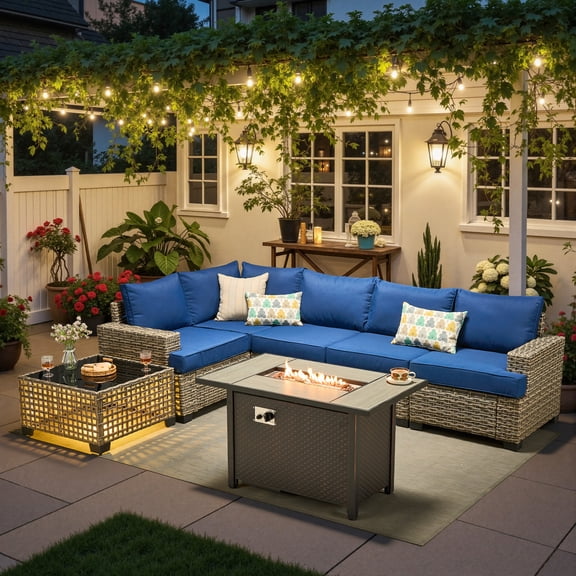 Ovios 7 Pieces Patio Furniture Conversation Set, Wicker Rattan Outdoor Sectional Sofa with Fire Pit Table and Smart Lighted Table, Navy Blue
