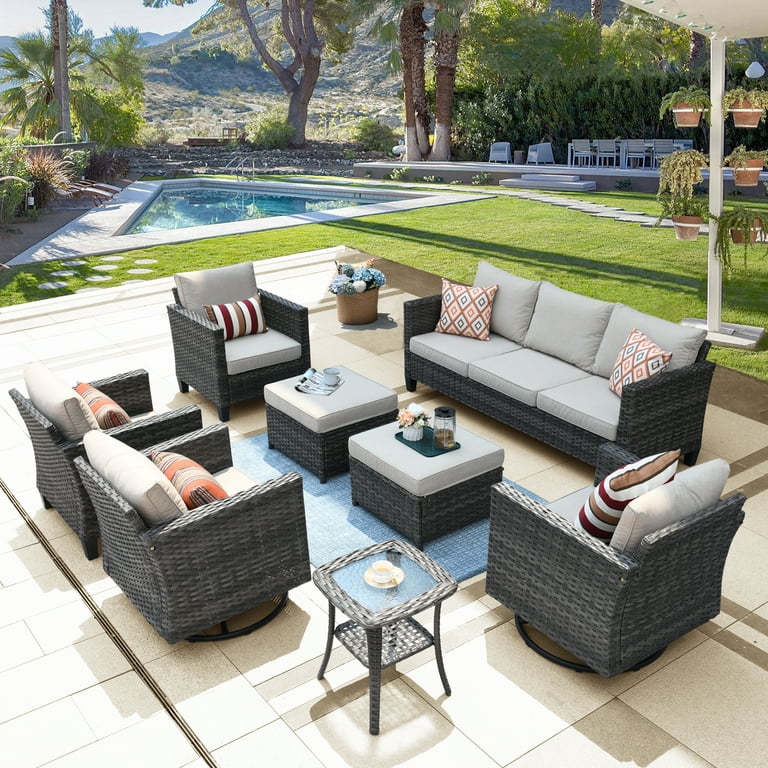 Ovios Modern PE Rattan 8 Piece Patio Furniture Set with Swivel Rocking Chair Ottomans Side Table Beige Cushion Walmart