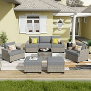 Ovios Patio Furniture Set 8 Pieces Patio Conversation Seating All-Weather Rattan Wicker Outdoor Sectionals with Solar Powered Coffee Table for Backyard