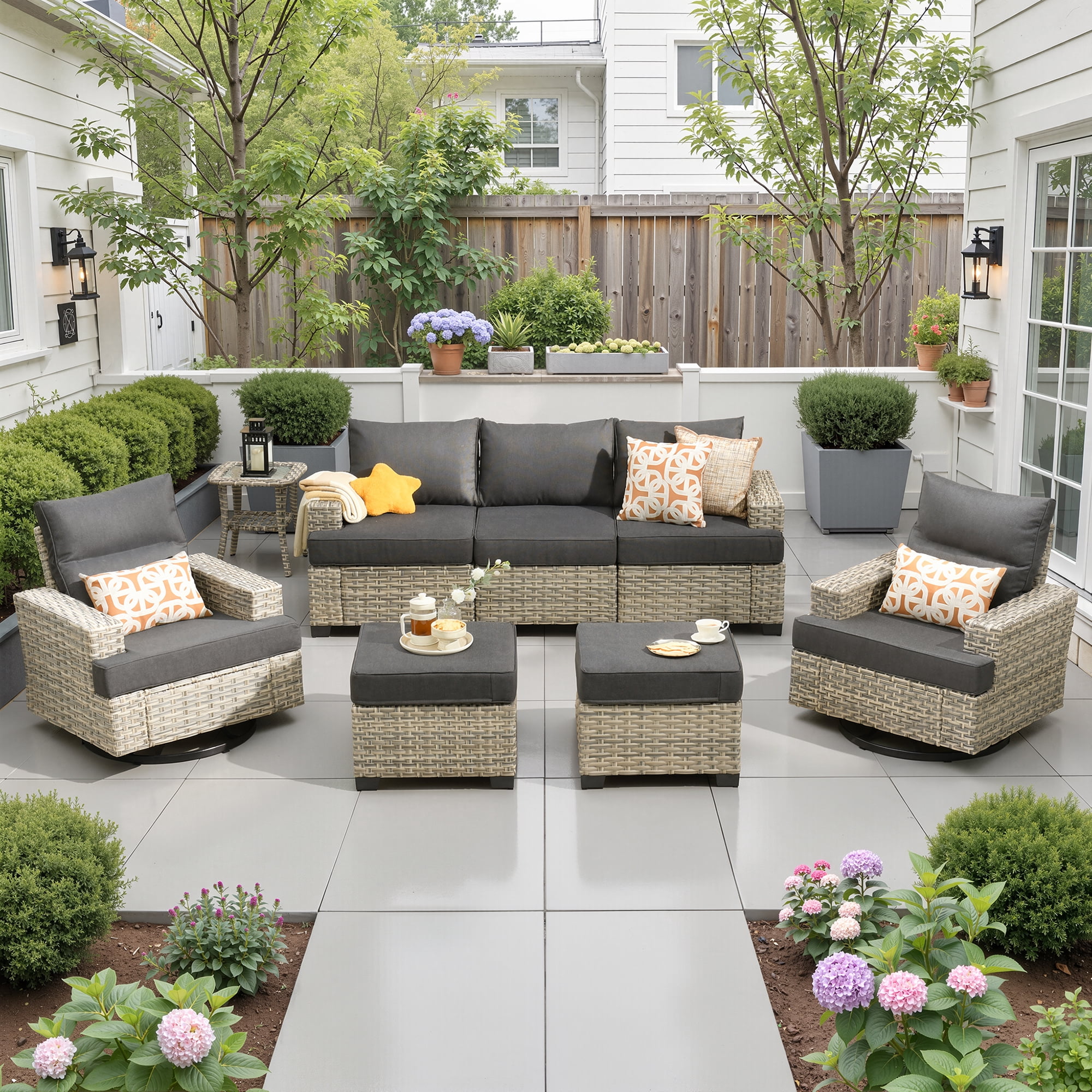 Ovios Patio Furniture Set 8 Pieces Patio Conversation Seating All-Weather Rattan Wicker Outdoor Sectionals with Swivel Rocking Chair for Backyard