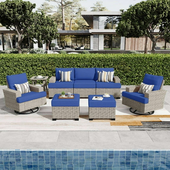 Ovios Patio Furniture Set 8 Pieces Patio Conversation Seating All-Weather Rattan Wicker Outdoor Sectionals with Swivel Rocking Chair for Backyard