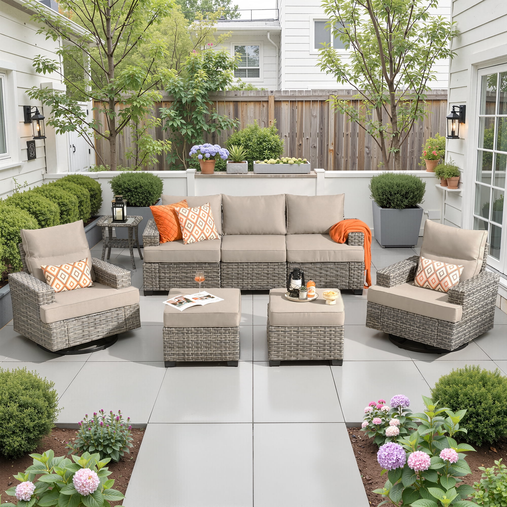 Ovios Patio Furniture Set 8 Pieces Patio Conversation Seating All-Weather Rattan Wicker Outdoor Sectionals with Swivel Rocking Chair for Backyard