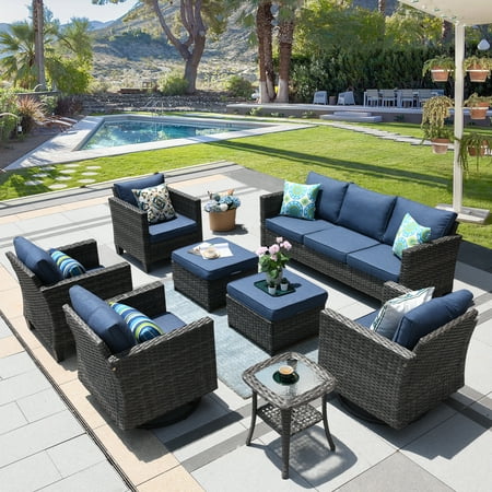 Ovios Patio Furniture Set 8 Pieces All Weather Wicker Conversation Set Outdoor Sectional Couch with Swivel Rocking Chair, Ottomans, Side Table, Denim Blue Cushion